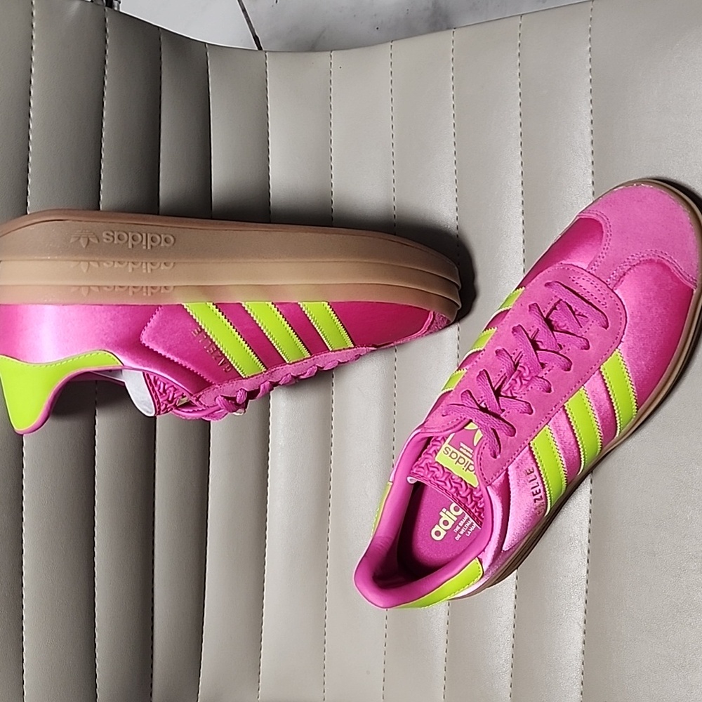 ADIDAS GAZELLE Bold Platform Sneakers W 10 11 RARE Pink Green Satin Trainers Gum - Picture 8 of 16
